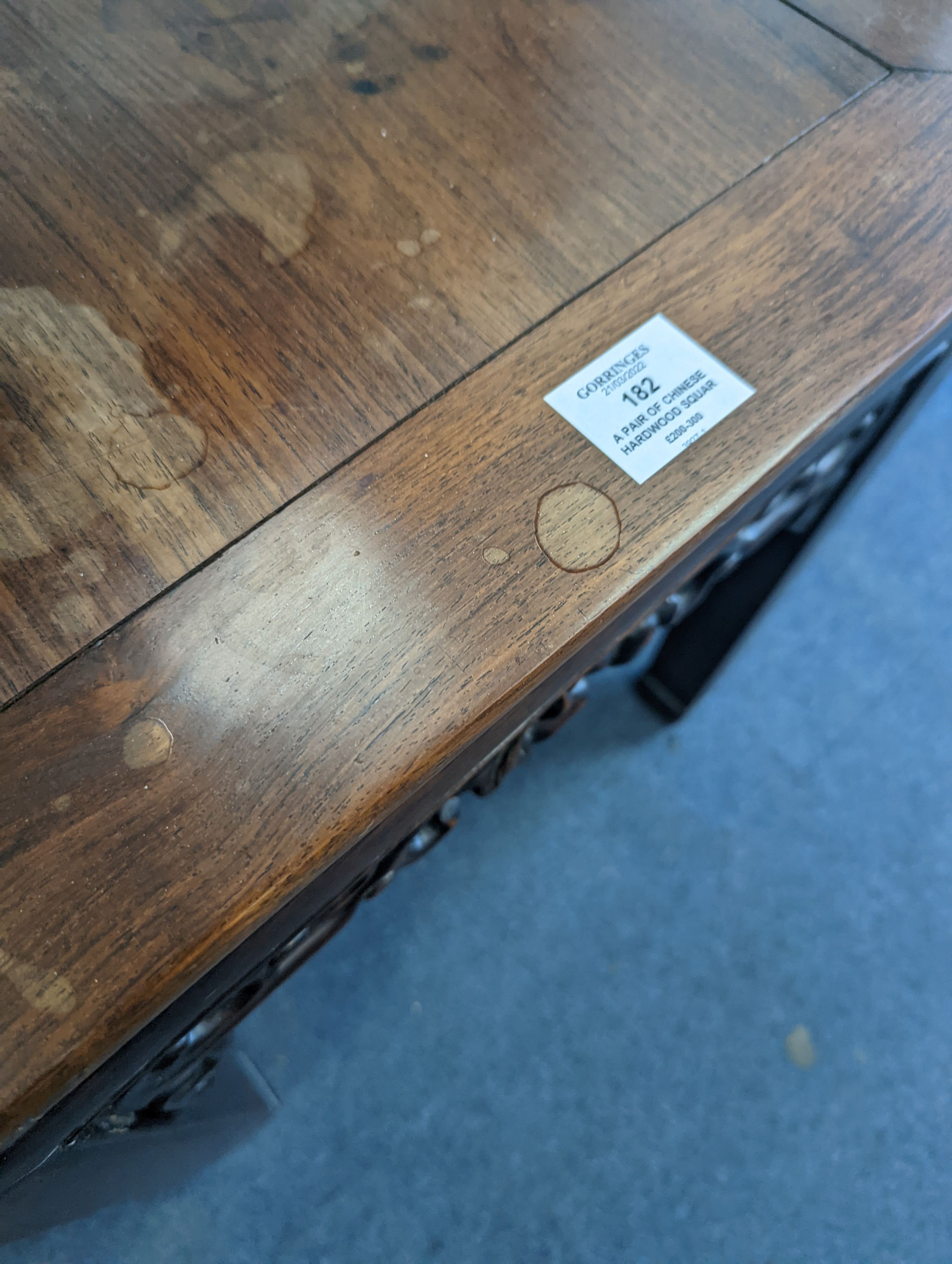 A pair of Chinese hardwood square top tables, 48cm, height 51cm